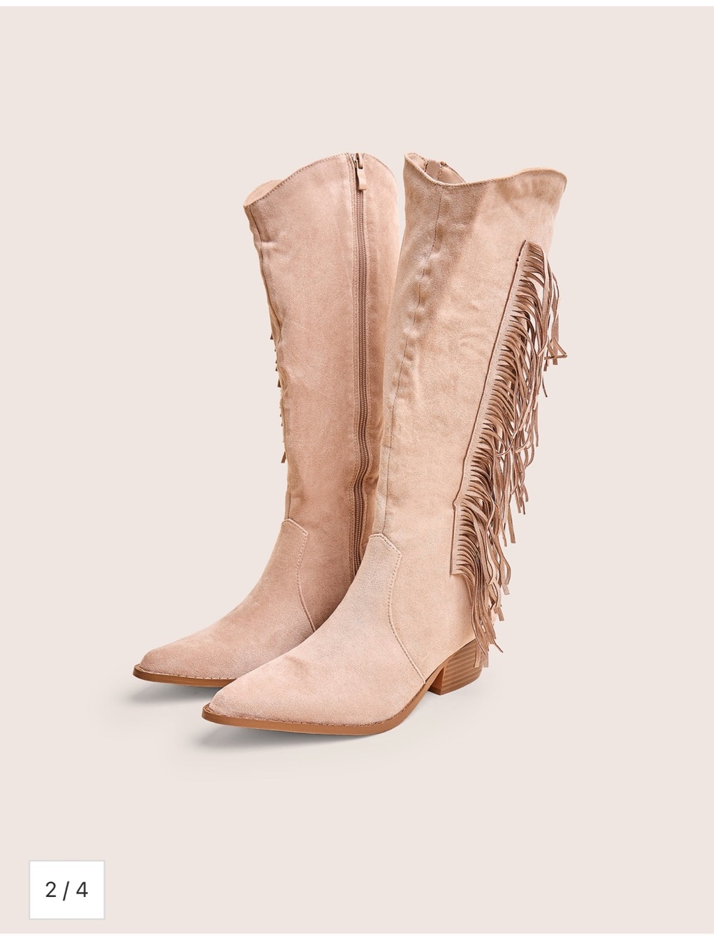 Tucker Beige Faux Suede Knee High Tassle Detail Western Boots - Picture 4 of 11